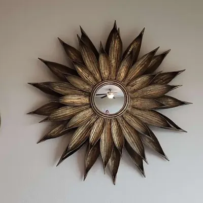 3 Gold Framed Round Mirrors - Gold Flower Metal Mirror, 2-15" Round Metal Framed Mirrors 
