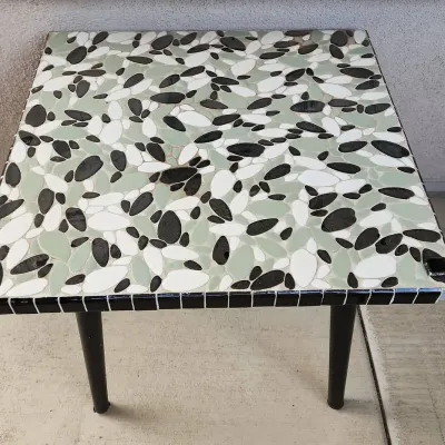 Mosaic Tile Table - Black, Green & White Tiles, Black Legs, Stone Look, 20" Square X 16" Tall