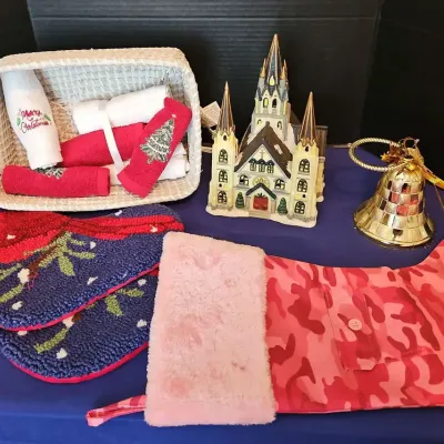 Christmas Holiday - 3 Stockings, Basket & Hand Towels, Village Cathedral, Plastic Gold Bells