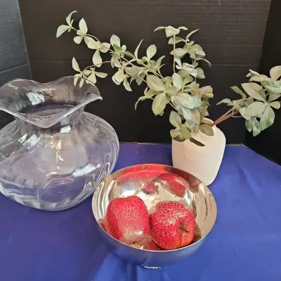 House Decor - Vintage Crystal Or Glass Clear Vase, Faux Plant In Ceramic Vase, Fruit Bowl