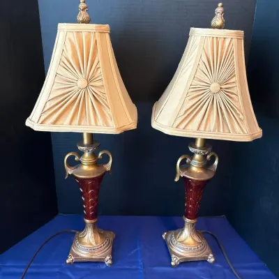 Vintage Crackle Amber Glass Classical Urn Table Lamps - Pair, Sunburst Pleated Shades