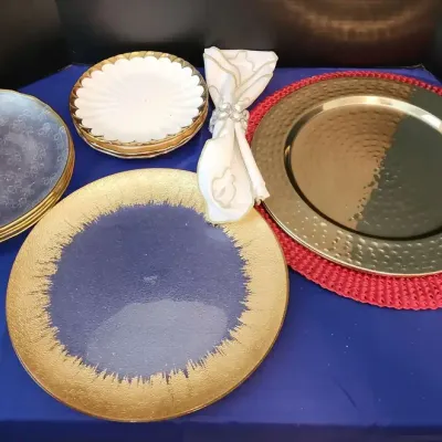 Gold Trimmed Dishes & Chargers - White & Gold Dessert Plates, Clear Gold Rim Dinner Plates & Servers