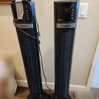 2 Tall Lasko Oscillating Fans, Black, 2 Remotes, Xtra Air, Work