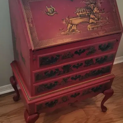 Authentic Red Lacquer Chinoiserie Drop-Front Desk – Hand-Painted