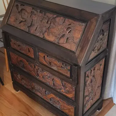 Authentic Chinese Carved Wood Drop-Front Desk– Figural & Landscape Panels 