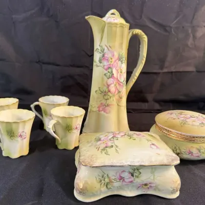 Vintage Hand-Painted Dogwood Pink Floral Porcelain Chocolate Pot, Cups & Trinket Boxes 