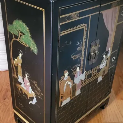 Authentic Chinese Black Lacquer Cabinet – Figural & Floral Decoration