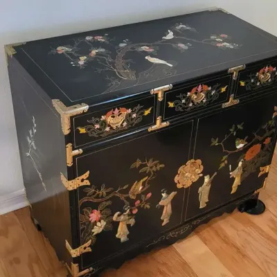 Authentic Chinese Black Lacquer Cabinet– Figural & Floral Inlay