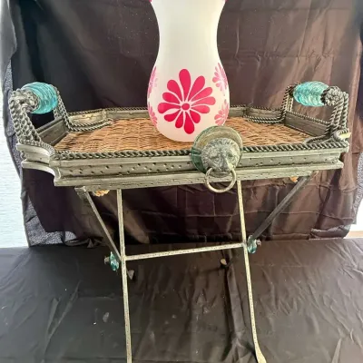 Folding Metal Tray Table with Lion Head Detail, Aqua Glass Handles & Retro Floral Vase