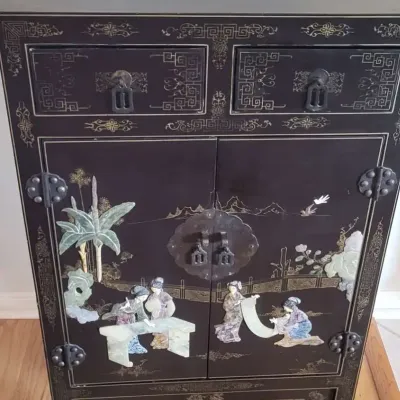 Authentic Chinese Black Lacquer Cabinet  – Figural Hardstone Inlay