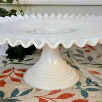 Vintage Ruffled Milk Glass Cake Plate 12"