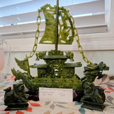 Hand Carved Dragon Boat/ Wealth Ship made of Southern Jade 