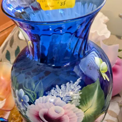 Vintage Pre- 1970's Fenton Colbolt Blue hand painted vase