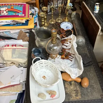 Brass candlesticks and other decor