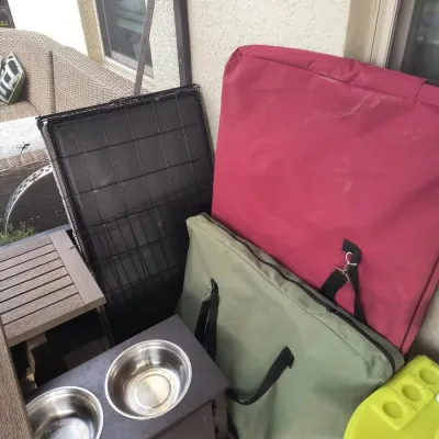 Assorted pet supplies, including a black wire dog crate, an elevated double dog bowl stand, and two zippered pet beds in red and green...