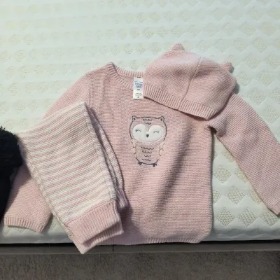 Three-piece pink knit baby outfit by Just One You by Carter's, featuring a long-sleeve sweater with an owl graphic, matching striped...