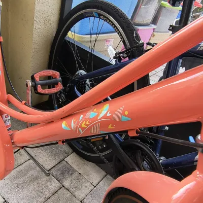Schwinn cruiser bicycle in a vibrant coral pink color with retro-style decals, shown alongside another bicycle.