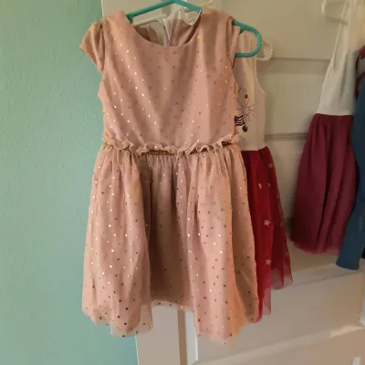 Pink tulle toddler dress with gold polka dots and a ruffled waist, shown hanging on a door alongside other children's dresses.