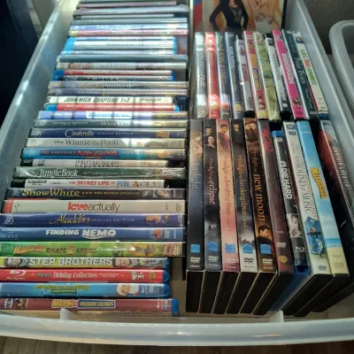 Large collection of DVDs and Blu-ray discs, including Disney classics, the Twilight Saga, and various popular movies, organized in a...