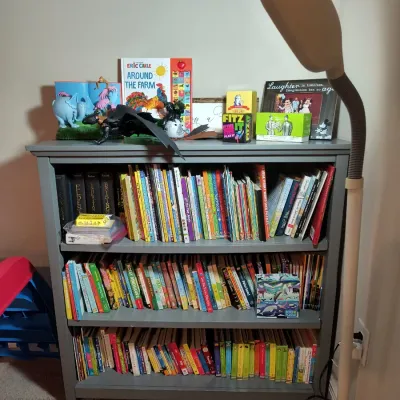 Three-shelf gray wooden bookcase filled with a large collection of children's books, toys, and games, accompanied by a modern beige...