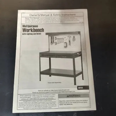 Harbor Freight multipurpose workbench owner's manual and safety instructions, model 60723, dated 2012.