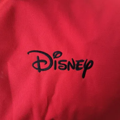 Red canvas Disney bag or cushion featuring the classic Disney logo embroidered in black thread.