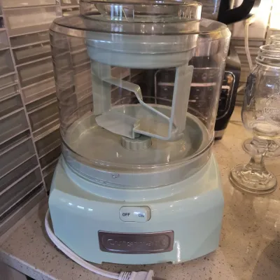 Cuisinart automatic frozen yogurt, ice cream, and sorbet maker in a retro mint green color, featuring a clear plastic lid and mixing paddle.