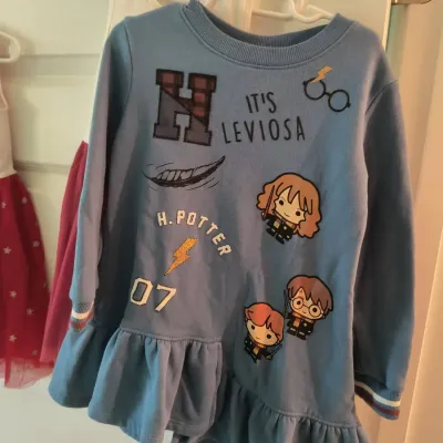 Blue Harry Potter themed long-sleeve dress for children, featuring cartoon graphics of Harry, Ron, and Hermione with a ruffled hem.