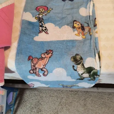 Disney Pixar Toy Story themed baby swaddle blanket featuring Jessie, Bullseye, Rex, and Slinky Dog on a blue sky background.