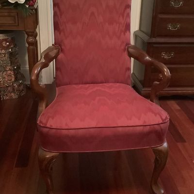 Sale Photo Thumbnail #202: $60 burgundy and wood chair 43'H 26"W 30"depth