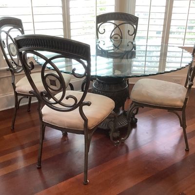 Sale Photo Thumbnail #118: $425 glass top dining table and 4 chairs 30"H 54"diameter