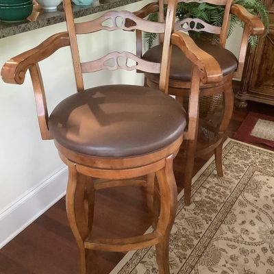 Sale Photo Thumbnail #137: $95 each or both $160 wooden swivel bar stools 49"H 26"W 24"depth 