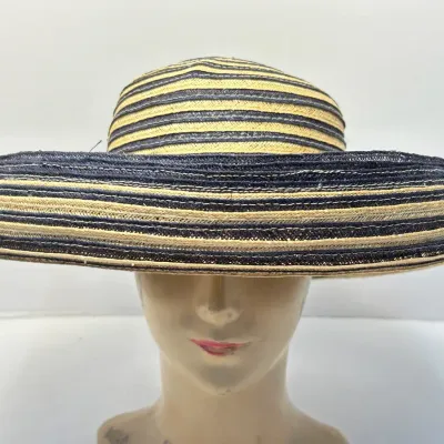 Diane Harty Millinery Handmade Wide Brim Straw Hat (Navy & Natural)