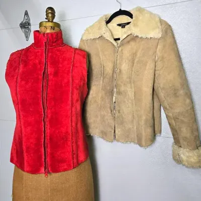 Express Suede Outerwear: Faux Shearling Jacket & Red Vest (Size S)