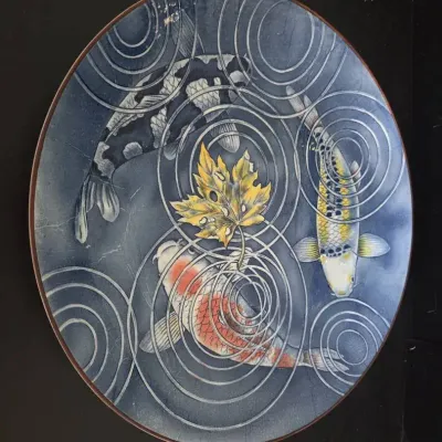 Large Japanese-Style Koi Fish and Falling Leaf Plate