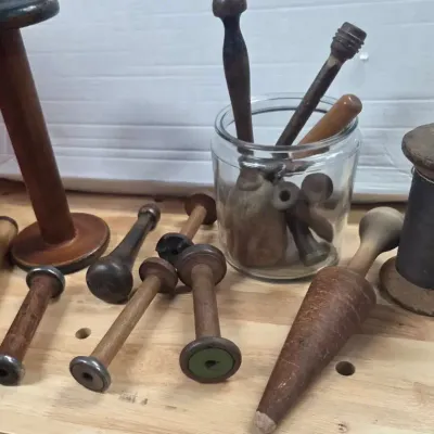 Assortment of Vintage Wooden Bobbins, Spools, and Spindles