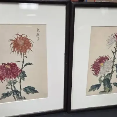 2 Lithograph Japanese Color Woodblock Keika Hasegawa