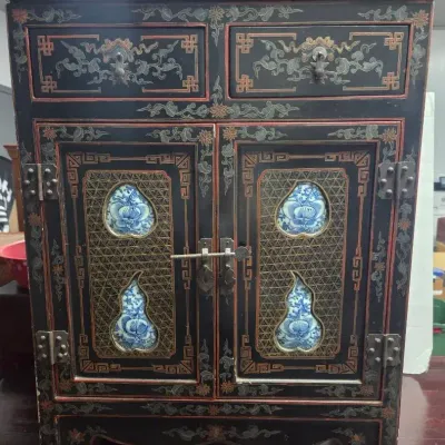 Vintage Chinese Black Lacquer Tabletop Cabinet 