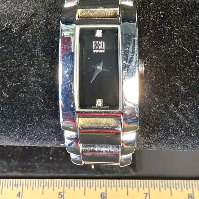 ESQ Swiss by Movado Stainless Rectangular Watch Sleek Black Dial with Diamond Markers
