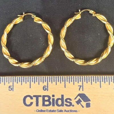 Real 14K Solid Yellow Gold 1.5" Round Cut Rope Twist Hoop Earrings