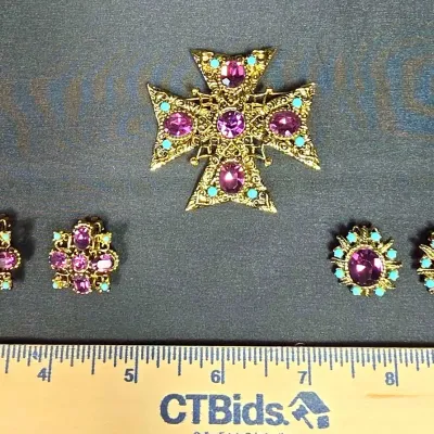 Vintage Faux Gold Brooch And Two Pairs Of Clip On Earrings With Purple Gemstones And Faux Turquoise 