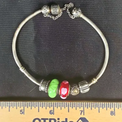 Pandora Silver Snake Chain Bracelet Multicolor Murano Charms 2 Sterling Clasps and A Heart Bead