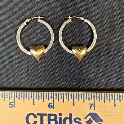 Sterling Silver with 10k Heart Trim Hoop Earrings 