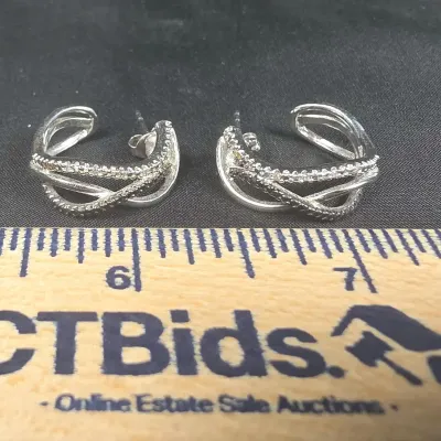 925 Silver Crossover Hoop Earrings With Black And Clear Gemstones Weighs 6.48g 