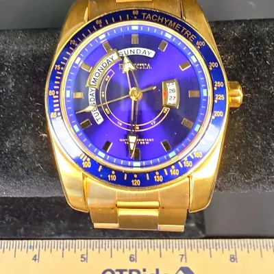 Invicta 6321 Tachymetre Watch Blue Face with Black Leather Band White Stitching