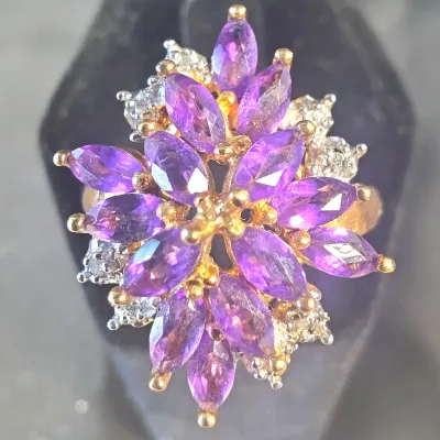Amethyst Diamond Star Cluster Vermeil Sterling Silver Ring Size 8.75