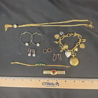 Gold and Rose Gold Colored Costume Jewelry with Bracelets, Earrings, Money Clip, Assortment 