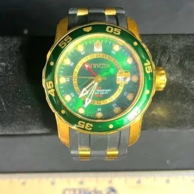 Invicta Men's Watch Pro Diver Quartz GMT Green Dial Two Tone Rubber Strap 6994