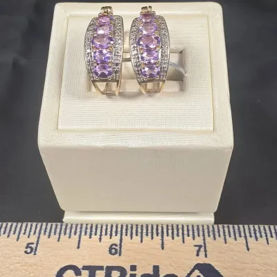 925 Silver Gold Colored Huggie Hoop Earrings with Purple Gemstones And Clear Accents Weighs 4.26g