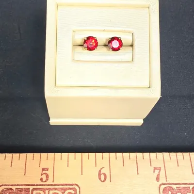 14k Yellow Gold Stud Earrings with Garnet or Ruby Gemstones, No Backs